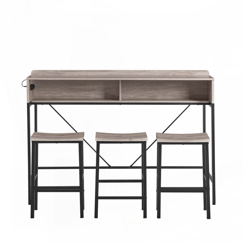 59"Console Table with Power Socket and LED light, 3 Saddle Stools, Gray