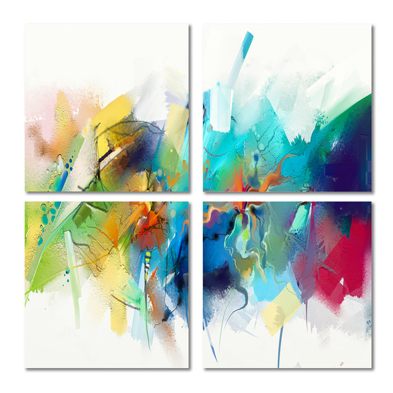 «Turquoise Story» avec des touches de jaune et de rouge - ensemble de 4 reproductions d'art moderne sur toile
