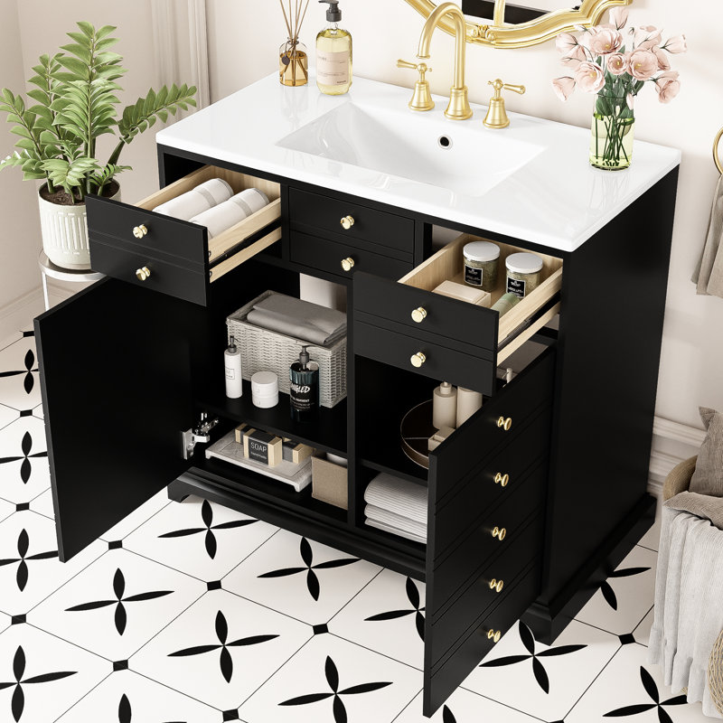 Unité de rangement de salle de bain noire avec lavabo en céramique - structure en bois massif, meuble-lavabo spacieux à 2 tiroirs en bois et beaucoup d'espace