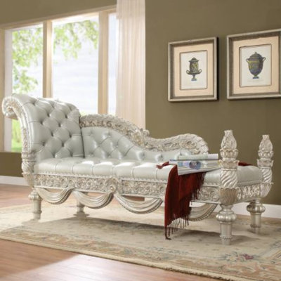 Metallic Silver Gold Highlight Carved Wood Silver Leather Bedroom Bench Luxury