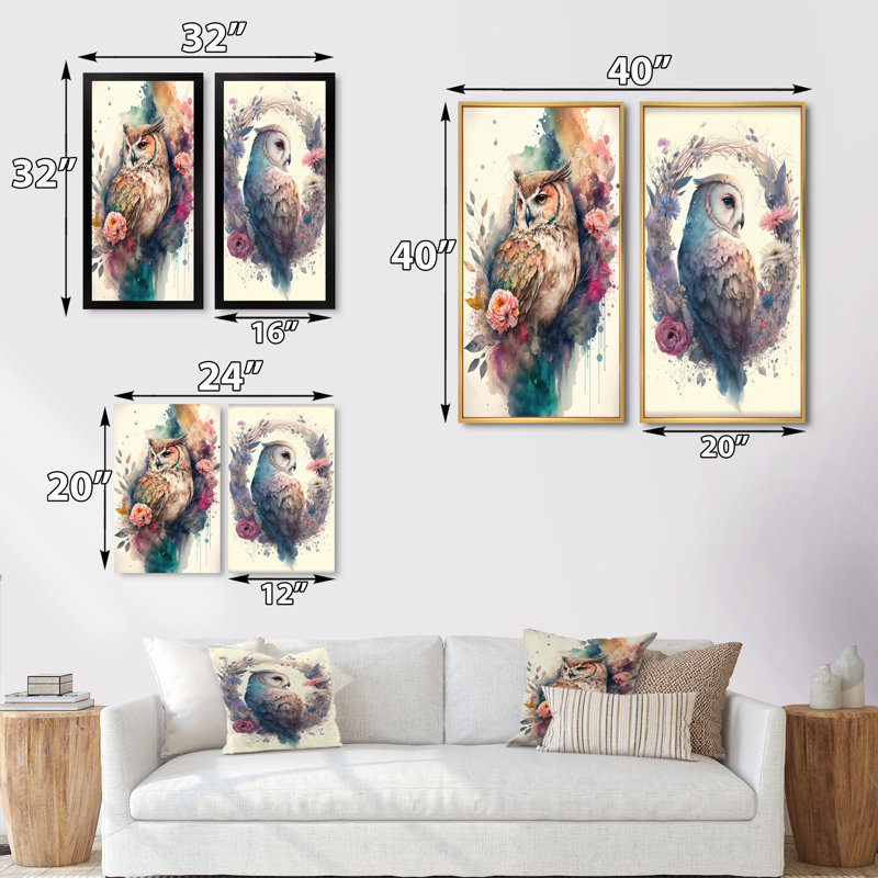«Cute Owls Floral», 2 pièces sur toile, Toile tendue, H 40 po x l 40 po