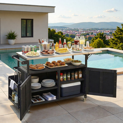 Foldable Outdoor Kitchen Island With Stainless Steel Worktop, Lockable Wheels, Storage Cabinet, Towel Rack And Two-tier Spice