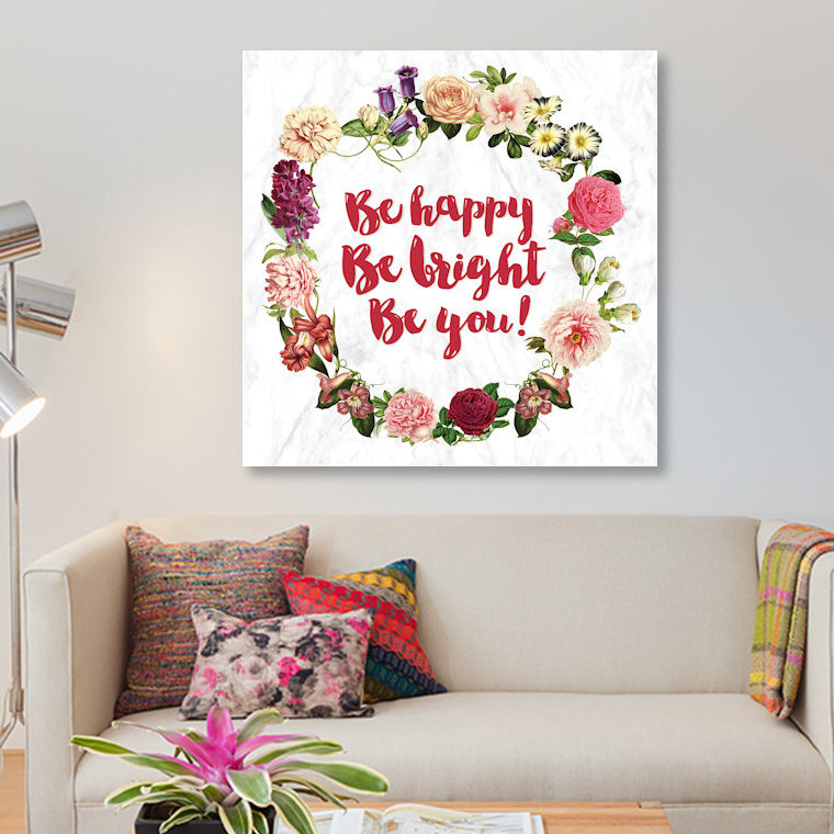 «Be Happy», impression sur toile, H 12 po x l 12 po x P 1,5 po, Pas de tapis, Toile tendue