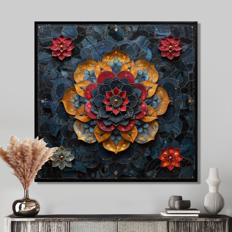 Fleur de lotus rouge, pétales dorés - mandala boho, Toile avec cadre flottant noir, H 16 po x l 16 po x P 1 po