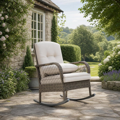 Outdoor Wicker Rocking Chair, Weather Resistant Patio Rocker with Thick Cushion & Steel Frame, All-Weather Rattan Porch Furniture for Garden, Beige