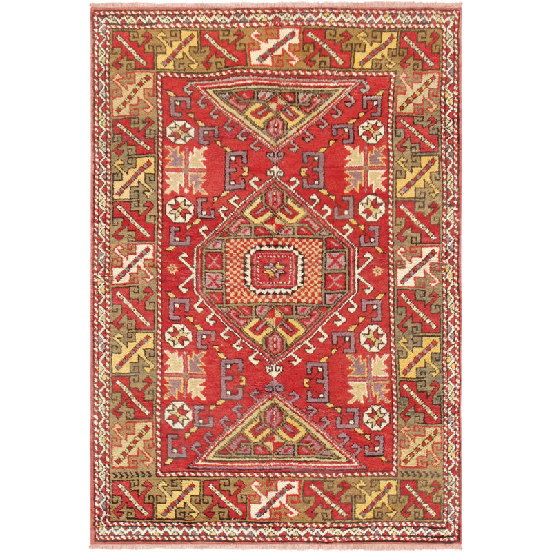 Elegant Oriental Red Wool 4'x6' Hand-Knotted Area Rug