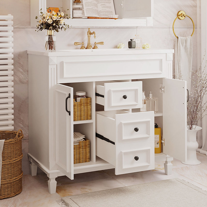 Meuble-lavabo de salle de bain 36 po avec lavabo supérieur, Blanc