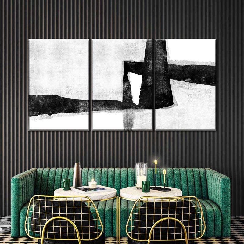 Abstrait blanc à noir abstrait III sur toile, reproduction de 3 pièces, H 26 po x l 12 po x P 1 po