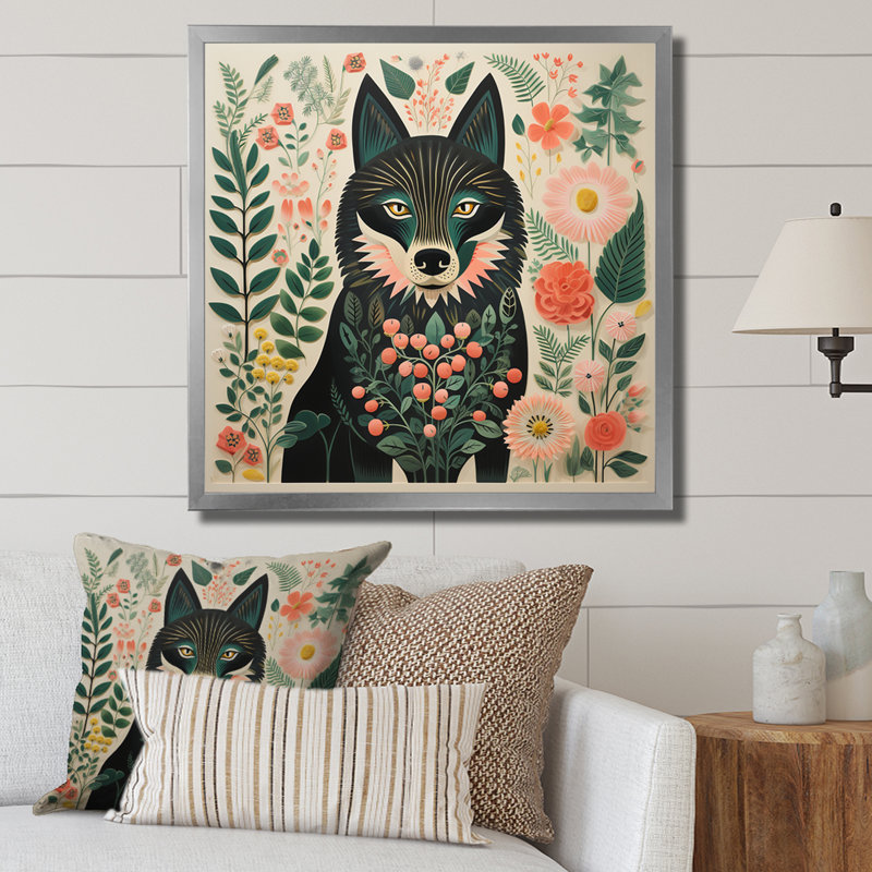 Rose et vert Boho Portrait I - loup, art mural, Cadre simple argenté, H 30 po x l 30 po x P 1,5 po