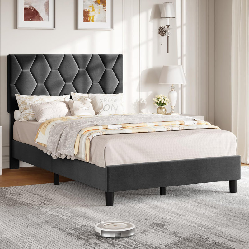 Structure de lit simple avec tête de lit tapissier réglable, lattes en bois massif, aucun sommier requis, Gris