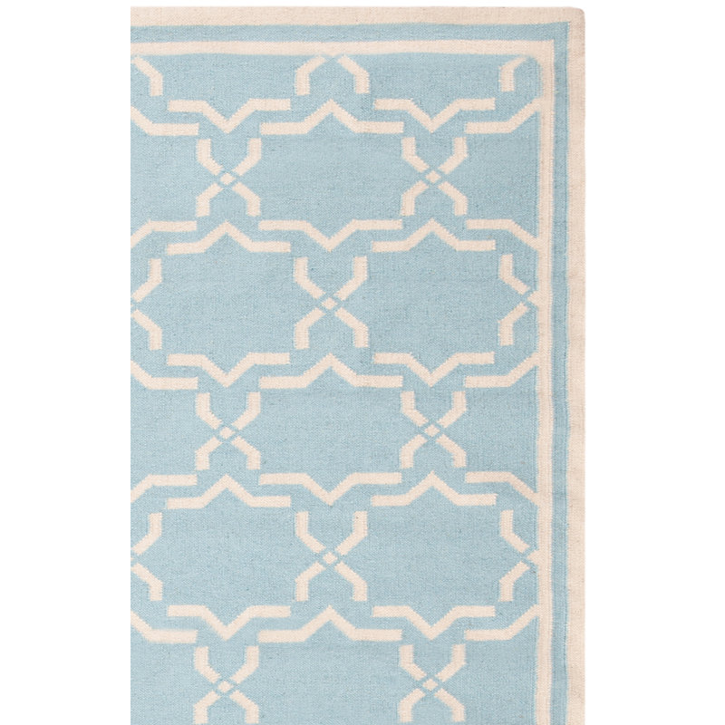 Rodgers Hand Woven Flat Weave Wool/Cotton Geometric Rug in Light Blue/Ivory, Runner 2'6" x 12'