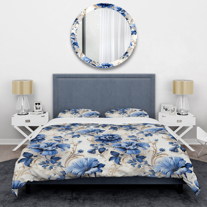Ensemble de housse de couette motif ornemental bleu à motif victorien VII, Housse de couette simple + 1 taie décorative stan
