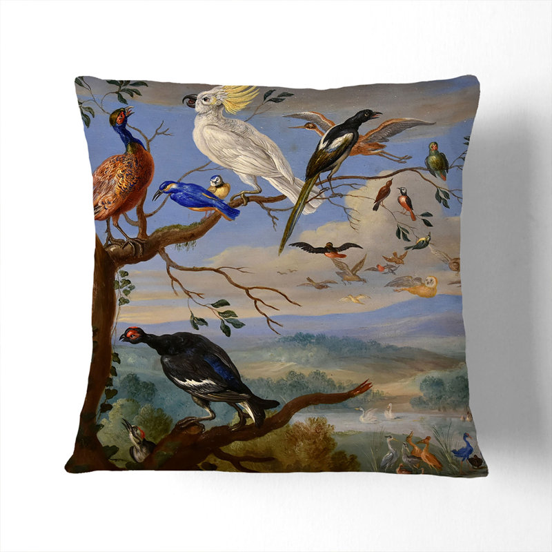 Exotic Birds Square Throw Cushion, White, 40cm H x 40cm W x 15cm D