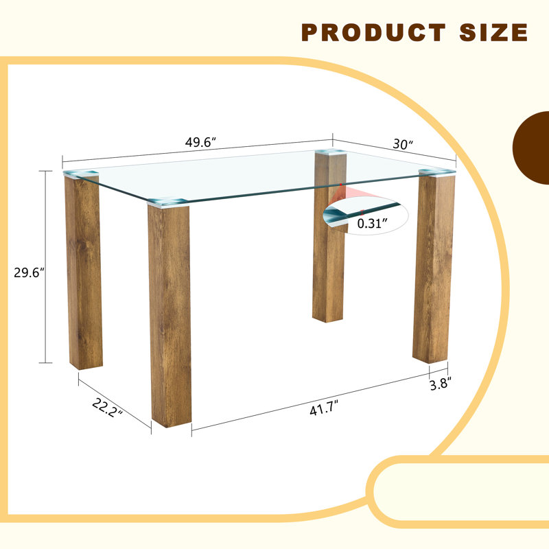 A 49.6”×30” Transparent Tempered Glass Dining Table With Rectangular Wood - Color MDF Wood Grain Legs: Blending Simplicity & Quality, Ideal For Diverse Decoration Styles
