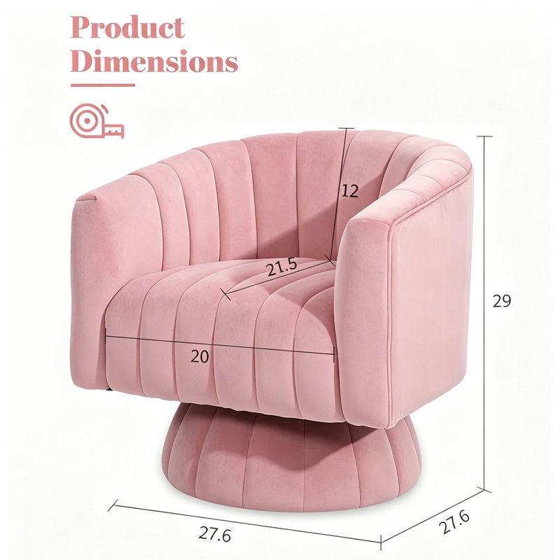 Swivel Accent Chair, Mid Century 360 Degree Barrel Chair with Armrest, Overstuffed Tufted Velvet, Pink, Pink