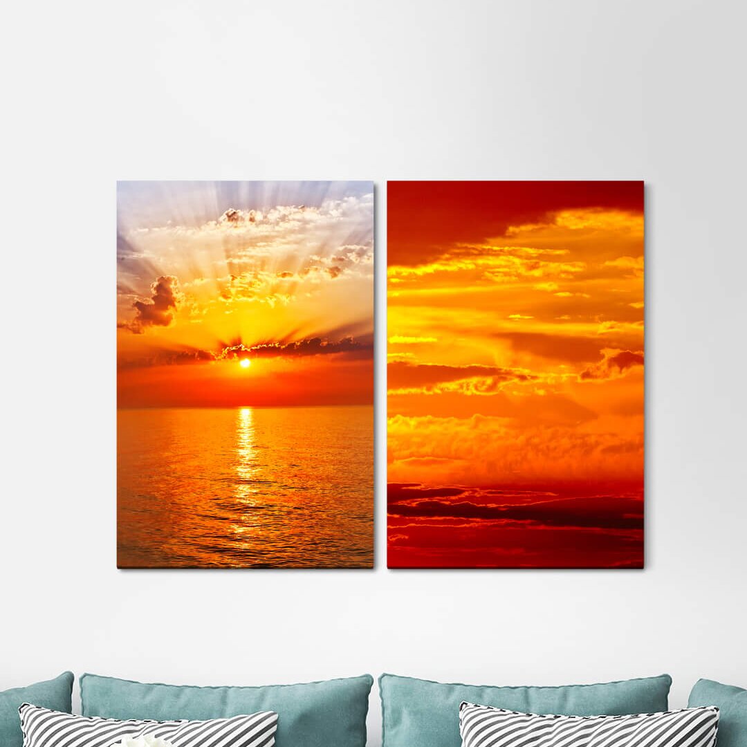 2-tlg. Leinwandbilder-Set - Fotografie „Red Clouds Horizon Sky Red Sea Sun Dusk Twilight Evening Red”