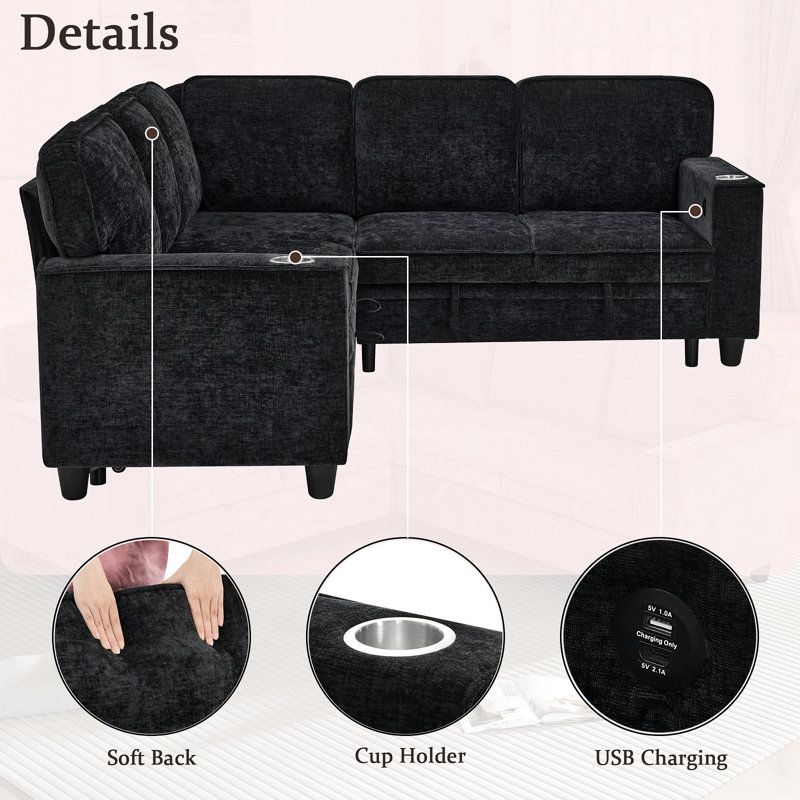 Canapé en L avec canapé-lit escamotable, canapé-lit avec siège de rangement, canapé-lit modulaire à 5 places avec USB, canapé-lit modulaire pour salon, appartement