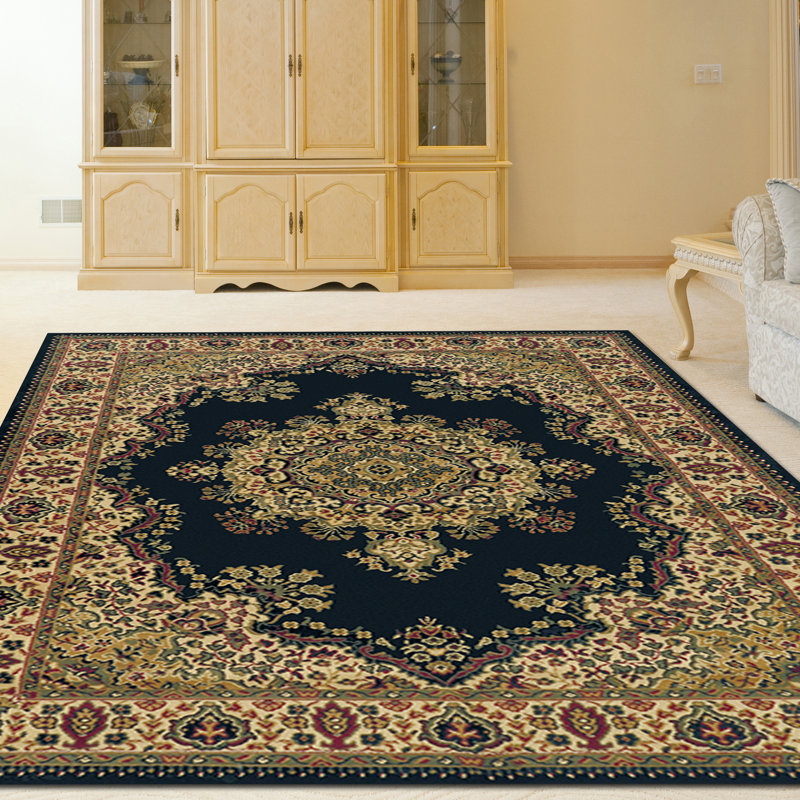 Tapis noir à motif de médaillon oriental traditionnel Columbus, Rectangle 5 pi 5 po x 7 pi 7 po