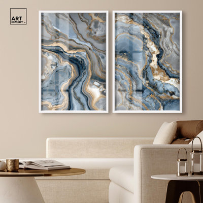 «Golden Marble Shadowbox», ensemble d'art abstrait par Art Remedy, cadre blanc, 24 x 36