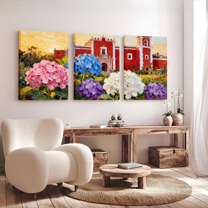 Ensemble de 3 tableaux sur toile tendue représentant des hortensias et une église, H 36 po x l 72 po