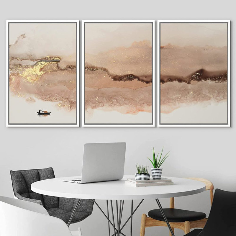 «Abstract Landscape Abstract Mountain Ocean», peinture sur toile flottante 3 pièces, H 24 po x l 48 po, Cadre blanc