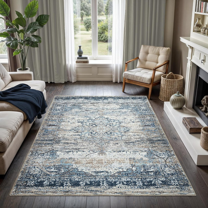 GLN Rugs Vintage Collection - Machine Washable Area Rug, Vintage Washable Rug, Non Slip Area Rug, Low Pile Living Room Rug, Bedroom Rug, Bathroom Rug - Easy Clean (Navy Blue and Gray Rug)
