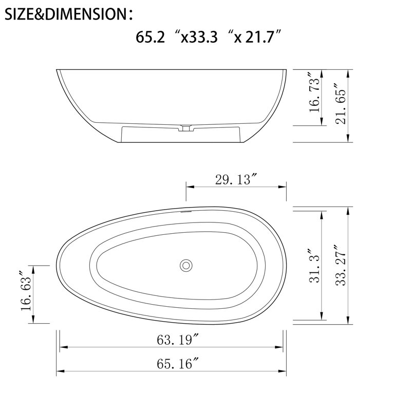 65.16'' x 33.27'' Freestanding Soaking Solid Surface Bathtub