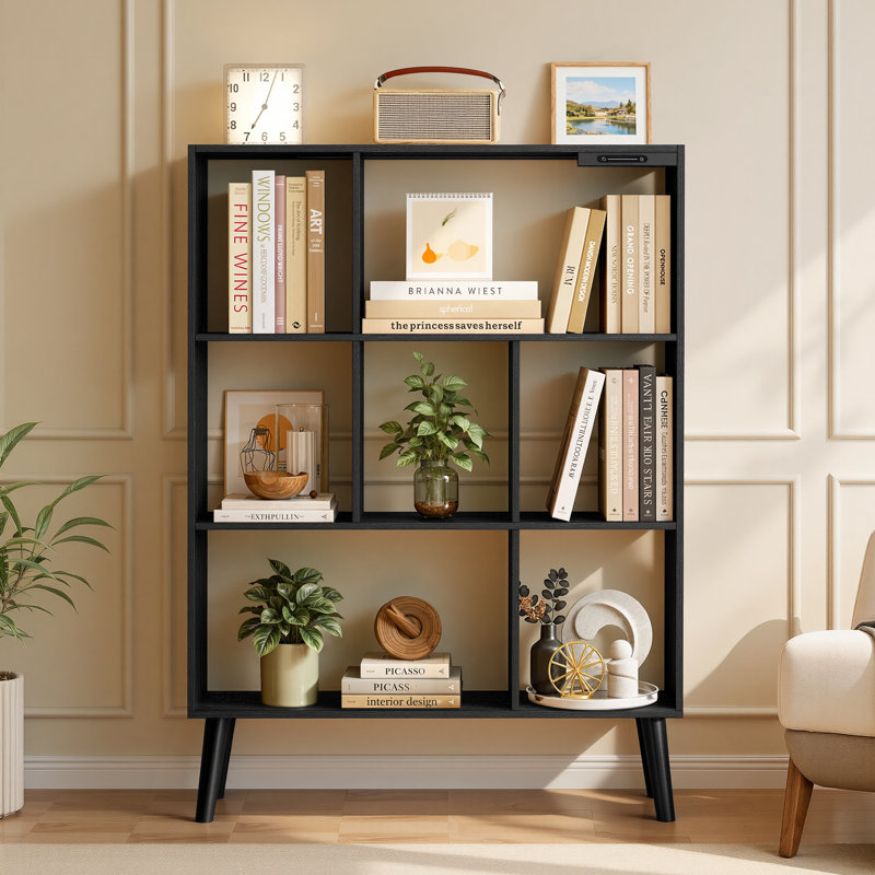 Bibliothèque à 4 niveaux avec étagère ouverte et 7 cubes avec dispositif anti-basculement et DEL, Noir