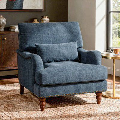 Upholstered Navy Nailhead Trim Accent Chair with Throw Pillow and Solid Wood Legs