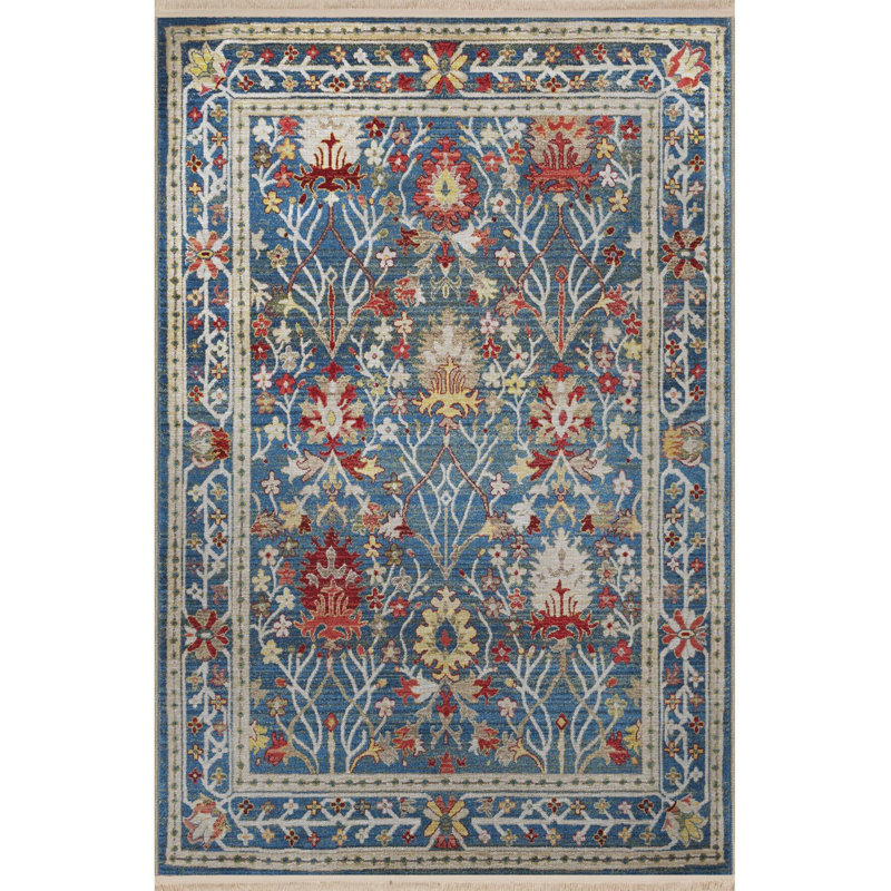 Tapis bleu lavable décoratif floral, Sous-tapis rectangulaire 2 pi 4 po x 3 pi 11 po