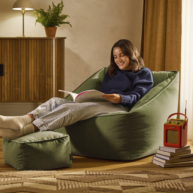 icon Natalia Velvet Adults Bean Bag Armchair and Pouffe, Ready Filled Large Beanbag and Footstool Forest Green, Olive Green