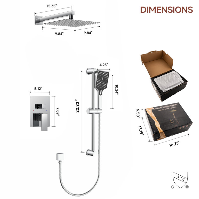 Système de douche encastré 9,84 pouces avec pomme de douche à effet pluie, douche à main à 3 fonctions, barre coulissante réglable, valve à pression équilibrée, ensemble de robinet de douche mural complet