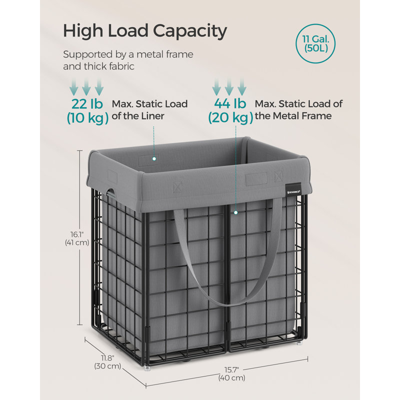 11 Gal. (50L) Laundry Basket, Laundry Hamper, Collapsible Clothes Hamper, Removable And Washable Liner, Metal Wire Frame, For Bedroom Bathroom