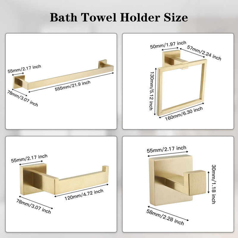 4-Piece Bath Hardware With Towel Bar For Bathroom Wall Towel Hook Toilet Paper Holder And Towel Ring Set, Brushed Gold