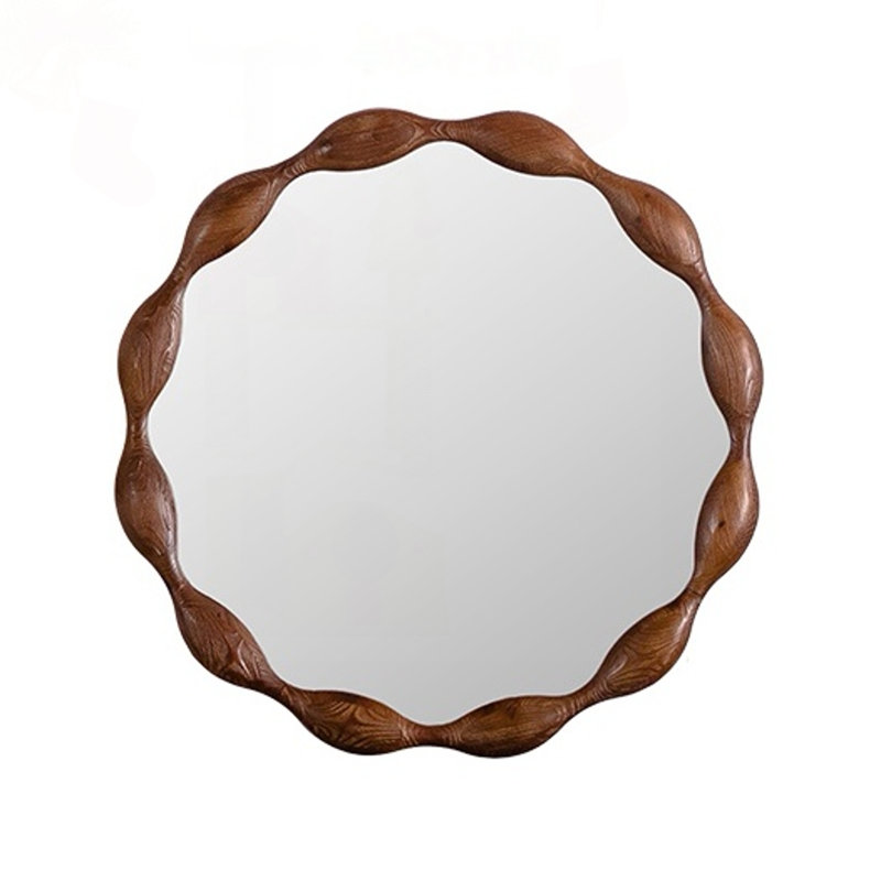 Miroir rond en bois massif 32,28 pouces avec cadre ondulé