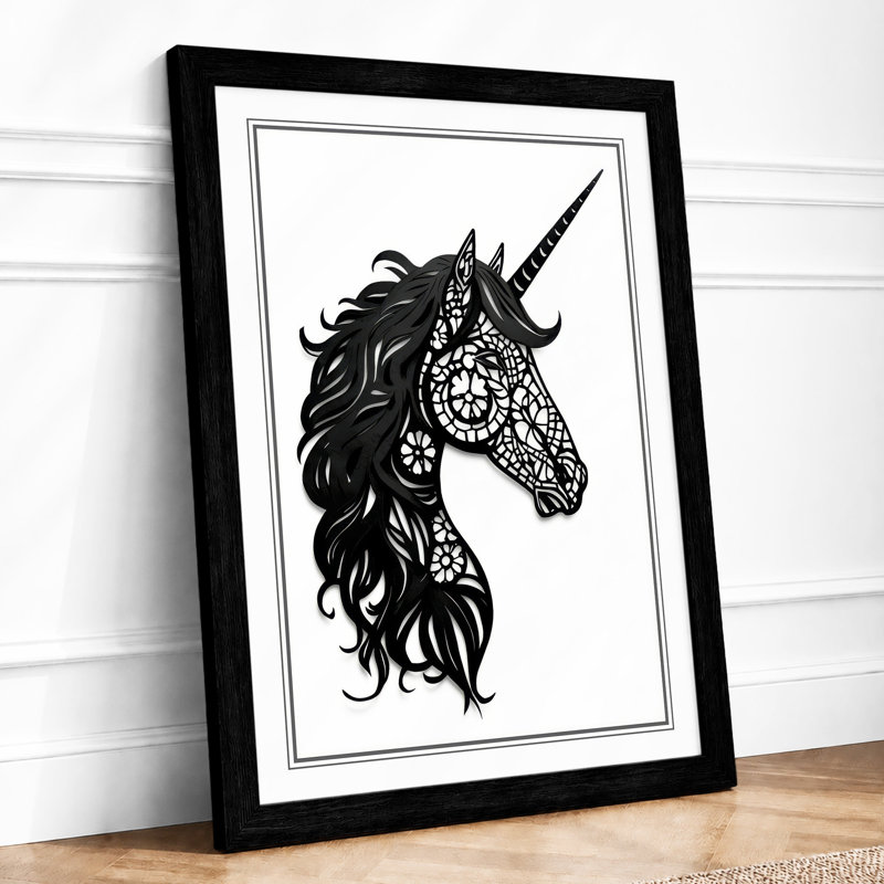 Ornamental Unicorn Eclectic - Framed Print, A4 - 29.7 x 21.0 cm, Black