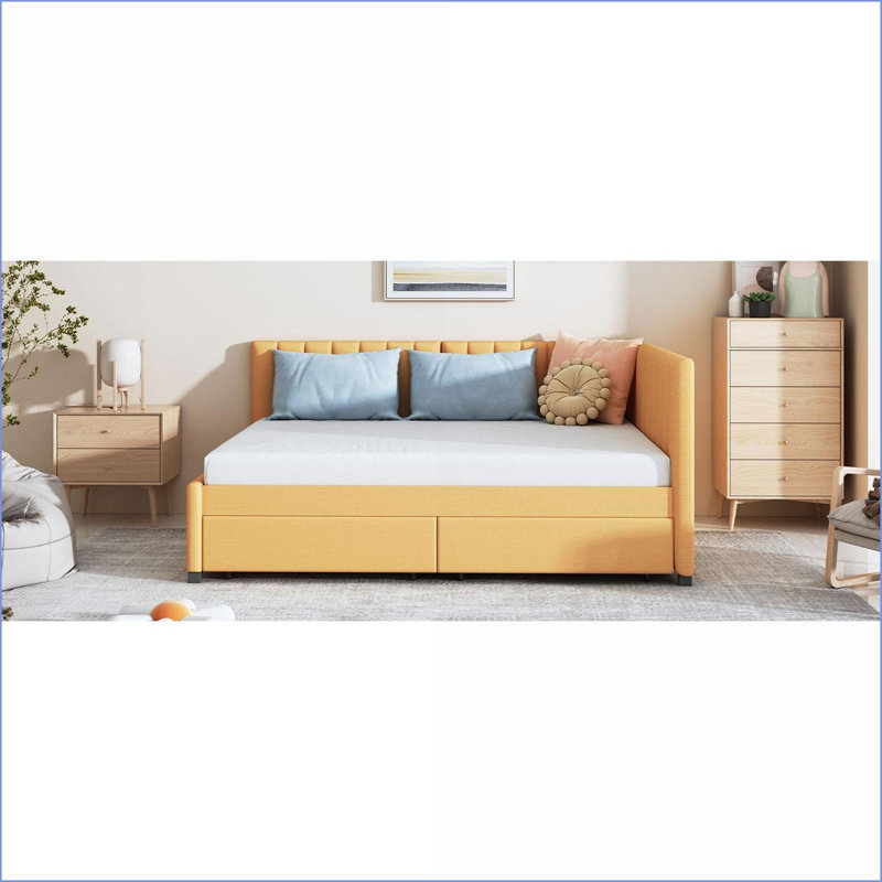 Structure de lit de jour rembourrée en lin pleine grandeur - Aucun sommier nécessaire, jaune pour la chambre à coucher