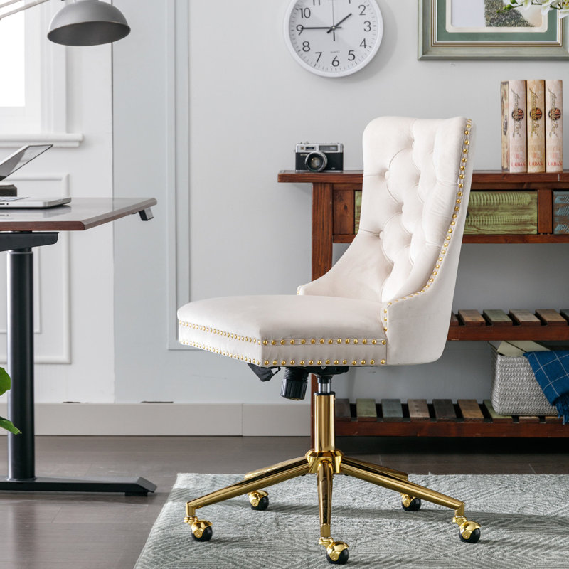 Fauteuil de bureau moderne capitonné en velours capitonné à boutons, fauteuil de bureau pivotant sans accoudoirs, Beige