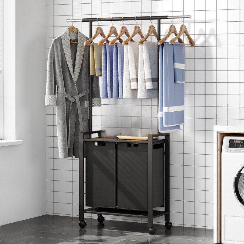 Panier à linge Trieur de linge à 2 sections avec tringle à vêtements et étagère de rangement en bois Panier à linge pour paniers de rangement, noir