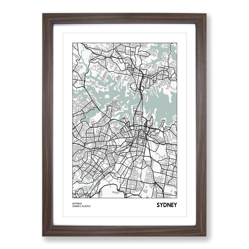 Map Sydney Australia - Picture Frame Graphic Art, Walnut, 48cm H x 36cm W x 2cm D