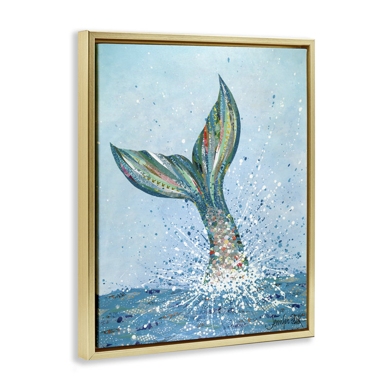 «Diving Mermaid Tail» par Jennifer Peck, Cadre flottant métallique doré, H 21 po x l 17 po