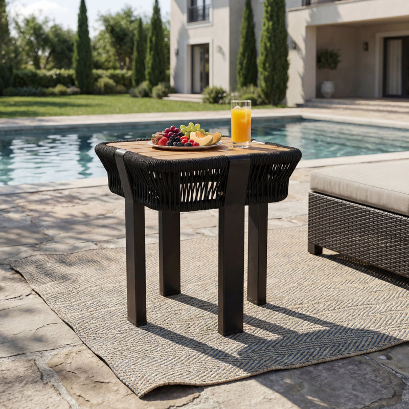Table d'appoint carrée d'extérieur en bois d'acacia avec corde noire et structure en métal, teck et noir, Brown
