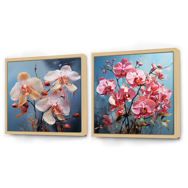 Orchidées bleues abstraites Euphoria IV - ensemble de 2 orchidées carrées, Cadre flottant brun, H 30 po x l 61 po