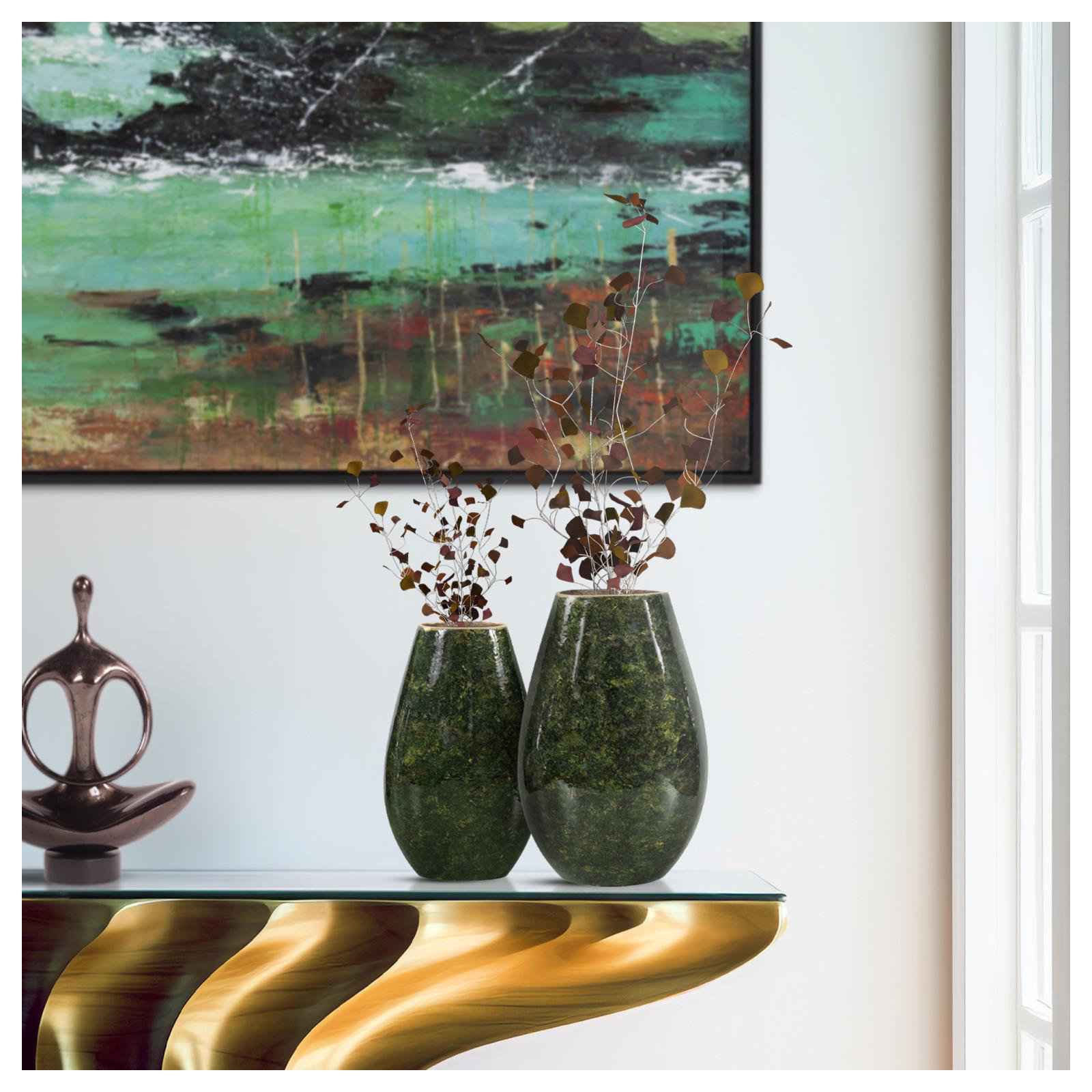 Renaldi Emerald Gold Torpedo Vase- Medium, 11" H x 7" W x 3" D