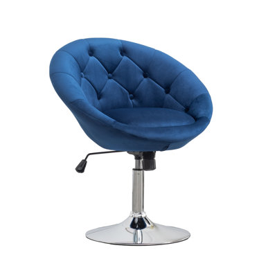 Fauteuil rembourré en velours, dossier, pivotant à 360 degrés, base hydraulique, bleu, métal chromé, dossier de l 28,5 po x P 24 po à H 38,25 po, couleur bleue