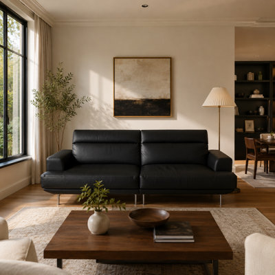 Modern Family Style Sofa with Soft Cushion Top Grain Leather Upholstery Comfortable and Stylish Seating Perfect for Living Room Use