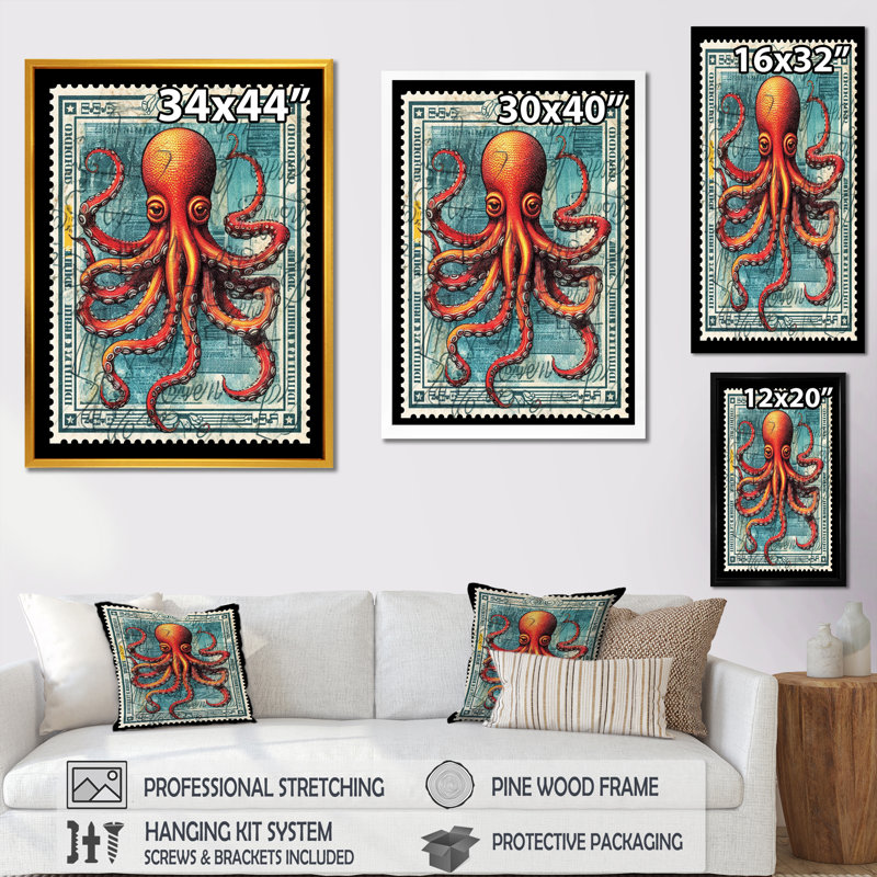 Timbre rétro, portrait de pieuvre rouge I, H 32 po x l 24 po x P 1 po, Cadre flottant noir