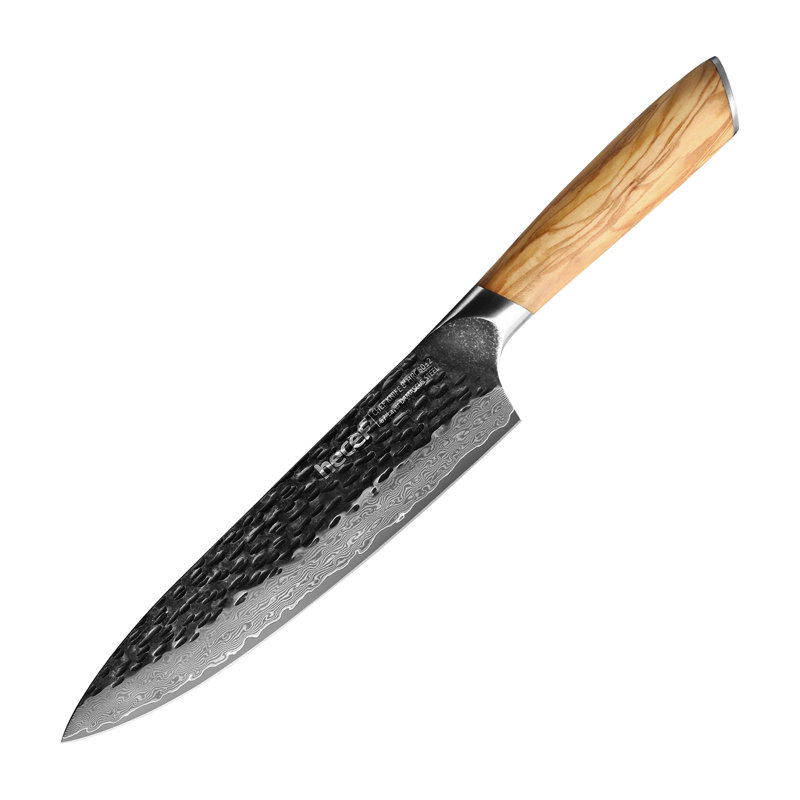 Couteau de chef Hecef Damas de 8 pouces, acier japonais VG10 de 67 couches, poignée en bois d'olivier, finition martelée, boîte-cadeau incluse - Ultra tranchant, antiadhésif, professionnel et essentiel pour la cuisine