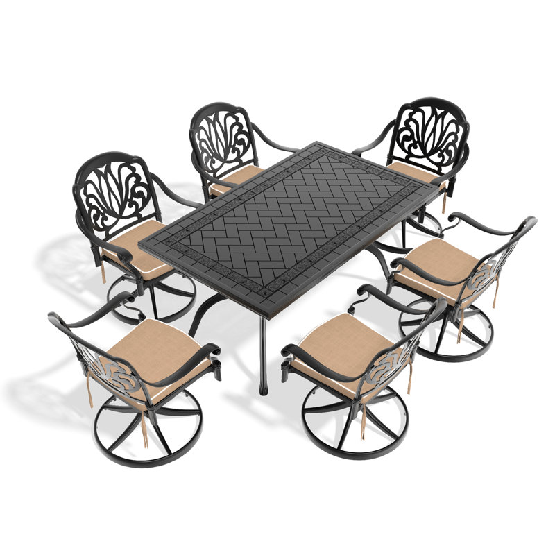 Repas d'extérieur 7: 6 chaises pivotantes et table rectangulaire en noir toutes saisons: Zèbre, 7 pièces : table, 6 chaises