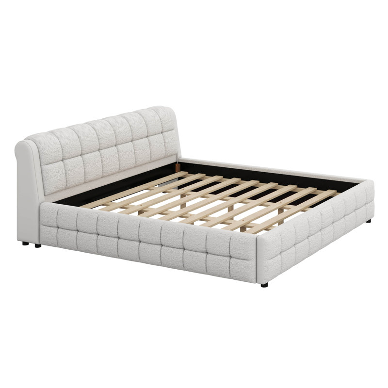 Upholstered King Size Platform Bed Frame, White, King